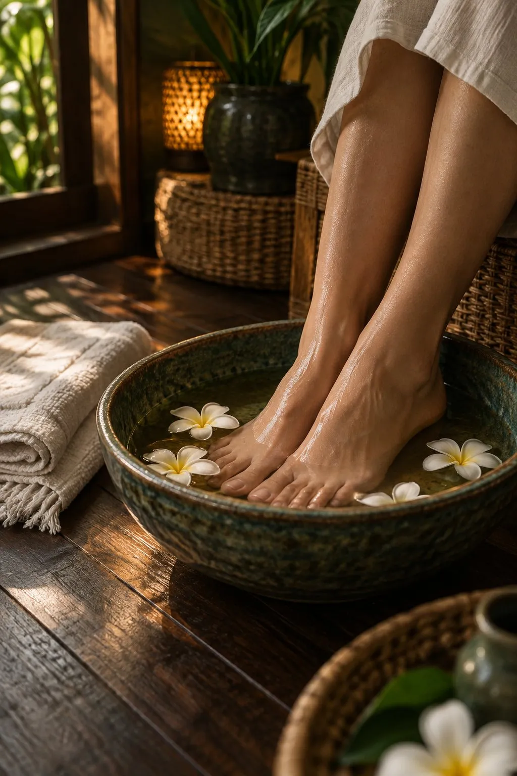 Feet resting in a bowl of warm water with flowers
