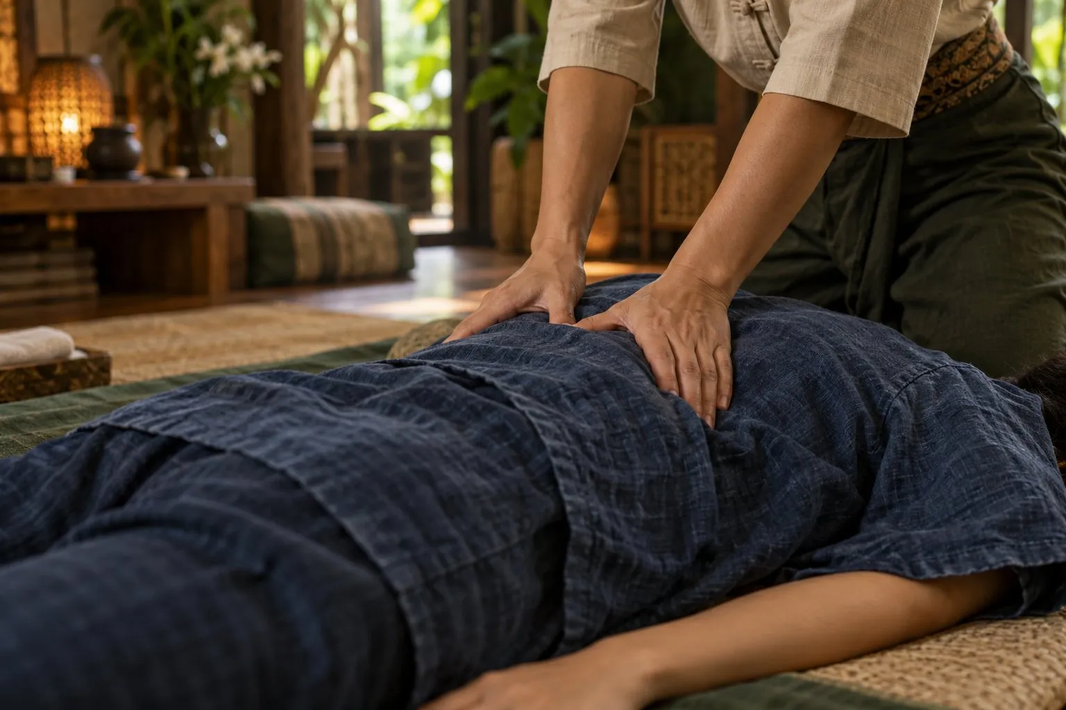 A therapist pressing along the back of a guest in cotton clothes on a mat