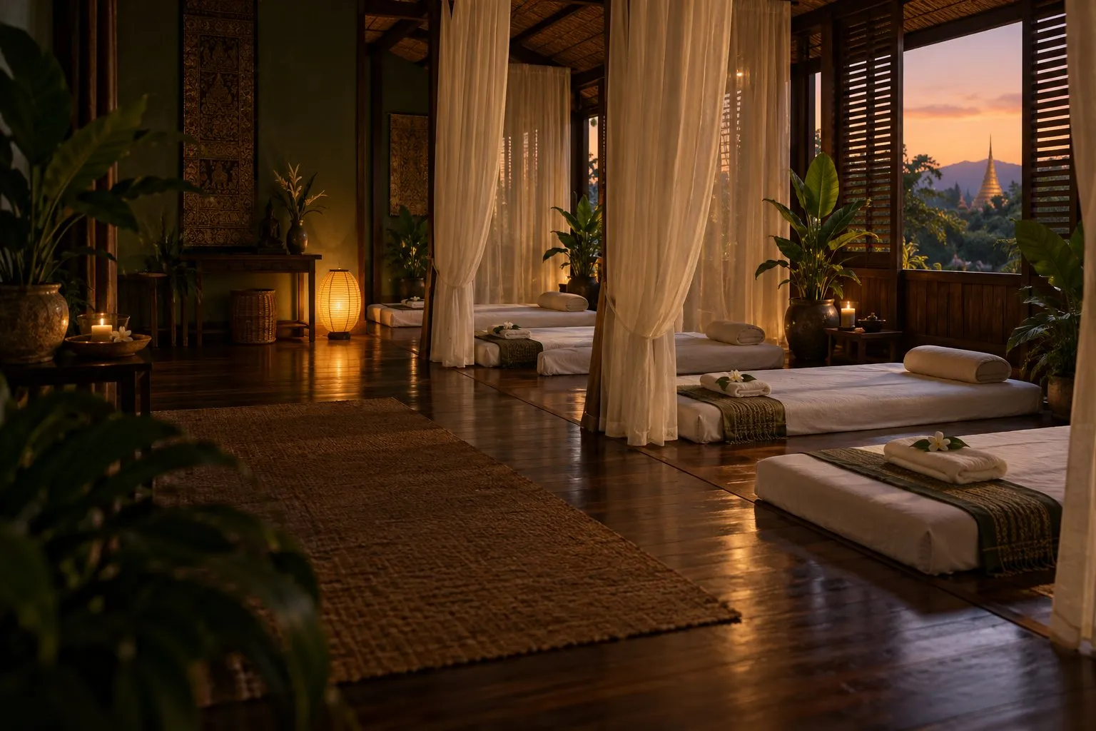 A quiet treatment room with floor mats, curtains and warm lamps
