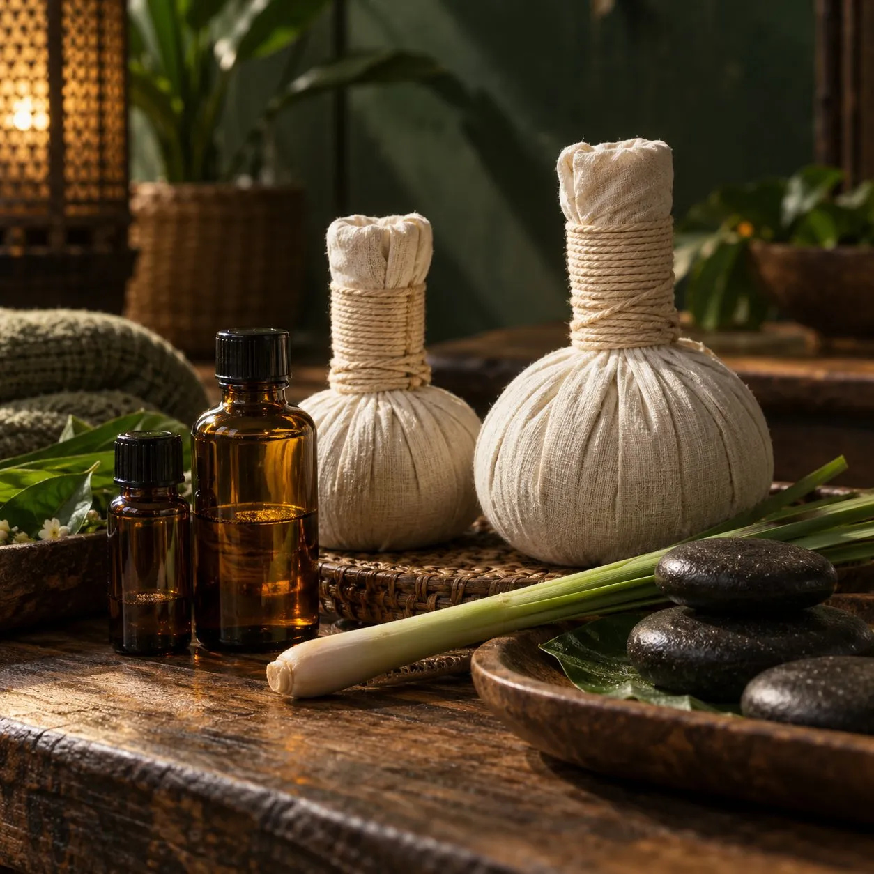 Herbal compresses, massage oil and smooth stones on a table