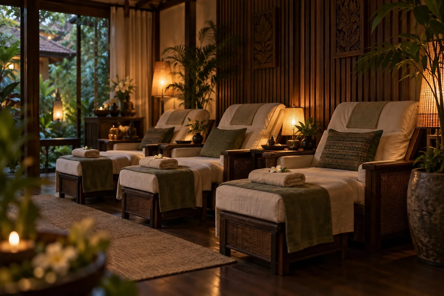 A row of recliner chairs for foot massage under low light