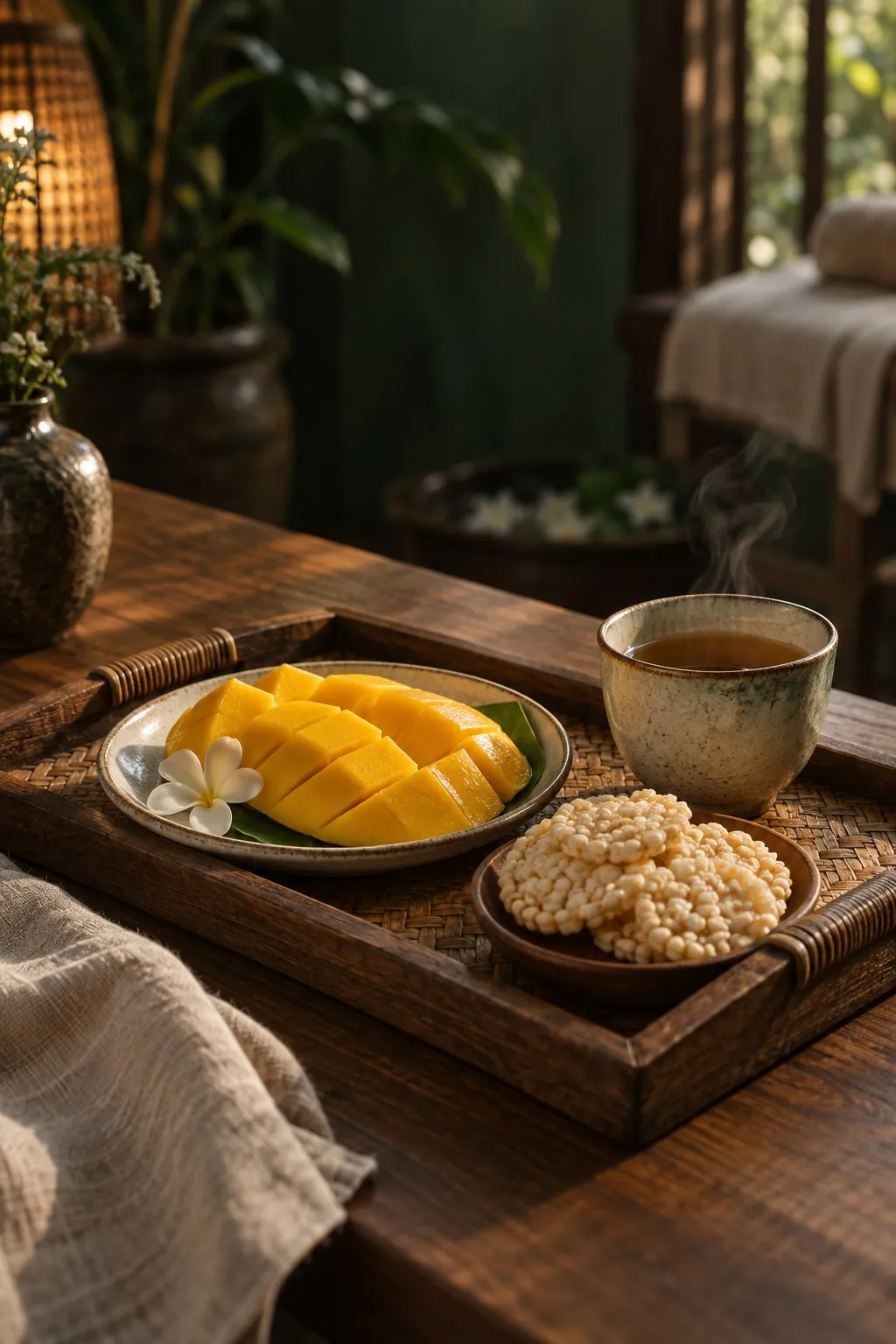 Fresh mango, rice crackers and hot tea on a wooden tray